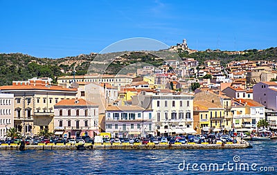 Panoramic view of La Maddalena old town quarter in Sardinia, Italy with port at the Tyrrhenian Sea coastline and island mountains Editorial Stock Photo