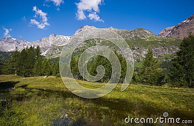 Panoramic view of Lago delle Streghe near Crampiolo in the italian alps Stock Photo