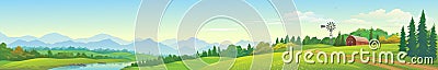 A panoramic view of the lake, mountains, meadows and a barn. Vector Illustration