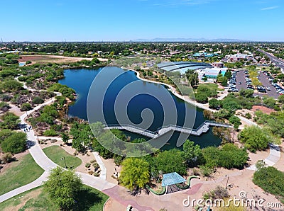 Panoramic View of Lake and Trails by Gilbert Public Library Stock Photo