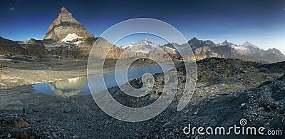 Panoramic view from lake under Matterhorn, Switzerland. Stock Photo