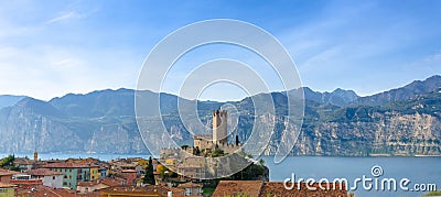 Panoramic view of the lakeside town Malcesine with the Scaliger Castle at Lake Garda Stock Photo