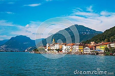 Panoramic view of traditional village of Brusino Arsizio on the shore of Lake Lugano, in Switzerland. Stock Photo