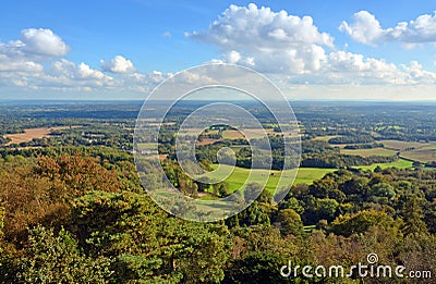 Panoramic View from Leith Hill across the South Downs to Brighton, UK. Stock Photo