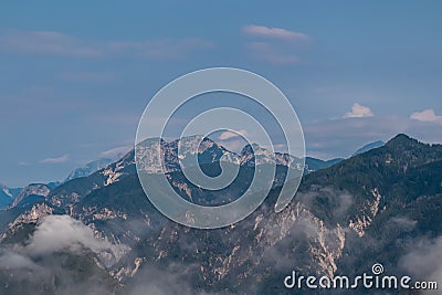 Lussari - Panoramic view from lift station Monte Lussari in untamed Julian Alps in Camporosso Stock Photo