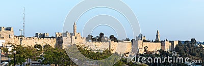 Panoramic view in the light of the sunset on the walls of the old city near the Tower of David in Jerusalem, Israel Stock Photo