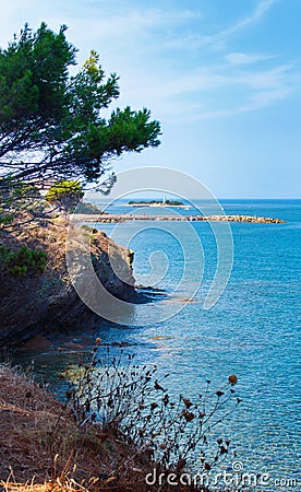 Panoramic view of the lighthouse on the Licosa island and the pier Stock Photo