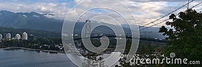 Panoramic view of Lions Gate Bridge, spanning Burrard Inlet, viewed from Prospect Point in Stanley Park, Vancouver, Canada. Stock Photo