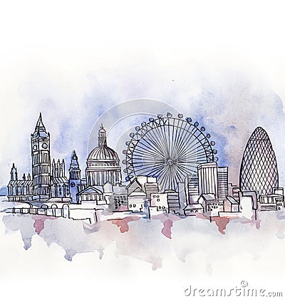 The panoramic view of London watercolor Stock Photo