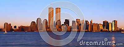 Panoramic view of lower Manhattan and Hudson River, New York City skyline, NY with World Trade Towers at sunset Editorial Stock Photo