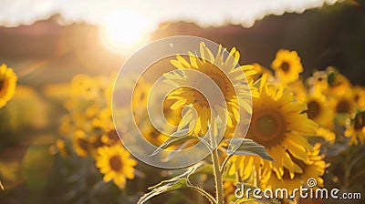 A panoramic view of a lush field of sunflowers the bright yellow flowers gleaming in the sunlight. A caption at the Stock Photo