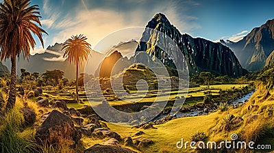 A panoramic view of Machu Picchu in Peru, highlighting its ancient Incan ruins and breathtaking mo Stock Photo