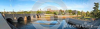 Panoramic view. Madrid Skyline with the Segovia Bridge Editorial Stock Photo