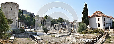 Panoramic view of the main monuments and places of Athens (Greece). Ruins the ancient Roman Agora Editorial Stock Photo