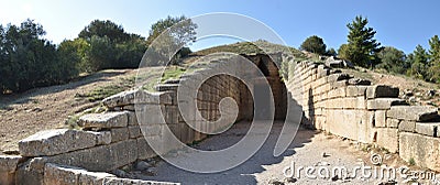Panoramic view of the main monuments and places of Greece. Ruins of ancient Mycenae city of Agamemnon. Treasury of Atreus Editorial Stock Photo