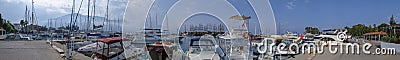 Panoramic view on marina in Kemer, boats in harbor. Editorial Stock Photo