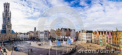 Panoramic view of Market Square in Bruges, Belgium Editorial Stock Photo