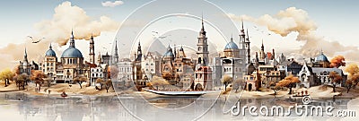 Panoramic view of medieval Istanbul. Fantasy cityscape Stock Photo