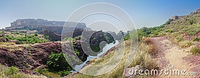 Panoramic view of Mehrangarh fort from Rao Jodha desert rock park. Stock Photo