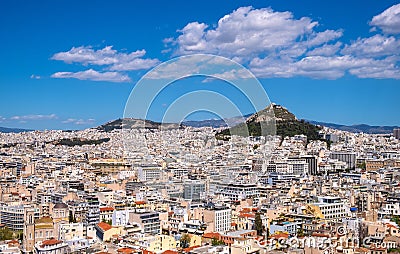 Panoramic view of metropolitan Athens, Greece with Lycabettus Lycabettus hill and Pedion tou Areos park seen from Areopagus rock Stock Photo