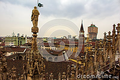 Milan skyline spires and statue of Duomo di Milano Italy Stock Photo