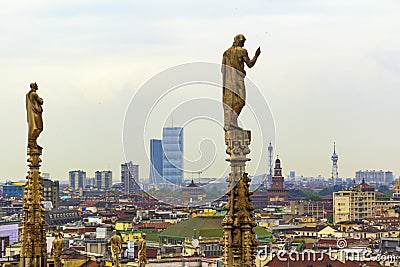 Milan city panorama and Duomo di Milano spires Italy Editorial Stock Photo