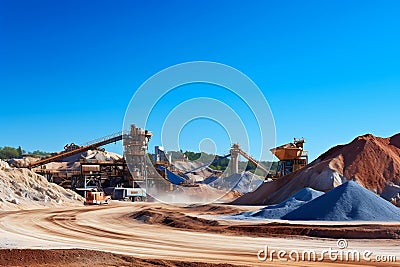 Panoramic View of Mining Machines, Gravel Piles, Crushing and Screening Plant against Blue Sky. AI Stock Photo