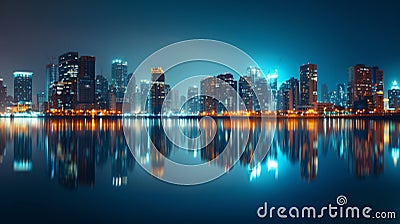 A panoramic view of a modern city at night its reflection shimmering on the calm waters beneath. The citys commitment to Stock Photo