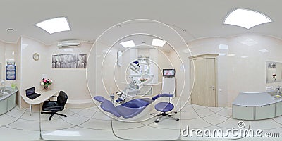 Panoramic view of a modern interior European Dental Clinic. Modern equipment. Spherical projection inside the dental office. Editorial Stock Photo