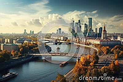 Panoramic view of Moscow city from Sparrow Hills. Russia, Moscow skyline with the historical architecture skyscraper and Moskva Stock Photo