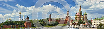 Panoramic view on Moscow Red Square, Kremlin towers, stars and Clock Kuranti, Saint Basil Cathedral church Ivan bell tower. Panora Stock Photo