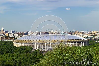 Panoramic view of Moscow from Vorobyovy Gory. Moscow City. Summer. Luzhniki Stadium, the Great Sports Arena Stock Photo