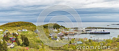 Panoramic view of Moskenes Village, Ferry arrival and unloading Stock Photo