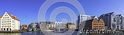 Panoramic view of Motlawa river and architecture of Gdansk, Pomerania, Poland Editorial Stock Photo