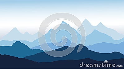 Panoramic view of the mountain landscape with fog in the valley below with the alpenglow blue sky Vector Illustration