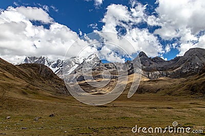 Panoramic View of mountains in the Cordillera Huayhuash, Andes Mountains, Peru Stock Photo