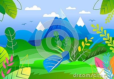 Panoramic View on Mountains Peaks and Green Valley Vector Illustration