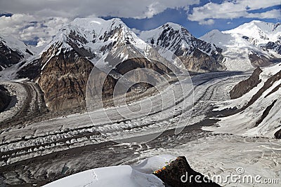 Panoramic view from mountainside of Khan Tengri peak, North Inylchek glacier, Tian Shan mountains Stock Photo