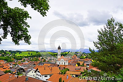 Panoramic view of Nesselwang in the Bavarian AllgÃ¤u. Stock Photo