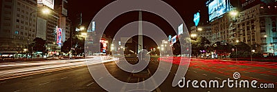 Panoramic view at night of Avenida 9 de Julio, widest avenue in the world, and El Obelisco, The Obelisk, Buenos Aires, Argentina Editorial Stock Photo