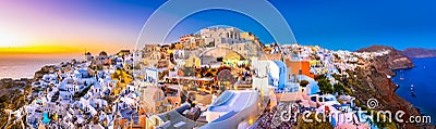 Panoramic view of Oia town, Santorini island, Greece at sunset. Stock Photo