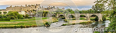 Panoramic view at the Old City of Carcassonne with Old Bridge over L Aude river - France Stock Photo