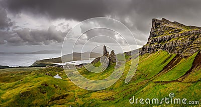 Panoramic view of Old man of Storr mountains, Scottish highlands Stock Photo