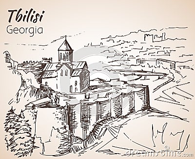 Panoramic view of old Tbilisi, Georgia. Vector Illustration