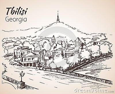 Panoramic view of old Tbilisi, Georgia. Vector Illustration