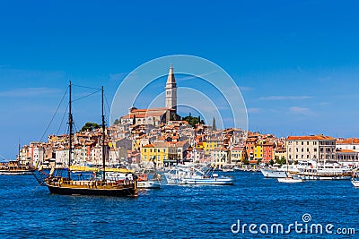Panoramic view on old town Rovinj from harbor. Istria peninsula, Croatia Stock Photo