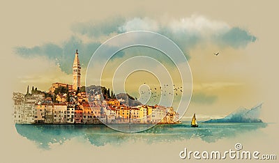Panoramic view on old town Rovinj at sunset with reflection in water. The Istrian Peninsula, Croatia. Watercolor sketch Stock Photo