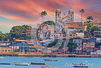 Panoramic view of the old town of Salvador de Bahia from the opposite coast in the afterglow Stock Photo