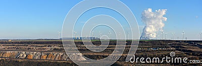 Panoramic view open cast mining, power plant and wind energy Stock Photo