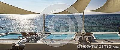Panoramic view of an outdoor jacuzzi of a luxury Caribbean resort hotel Stock Photo